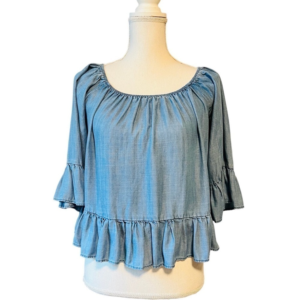 GIANNI BINI WOMENS BLUE TENCELCROP BELL 3/4 SLEEVE TOP SIZE MEDIUM